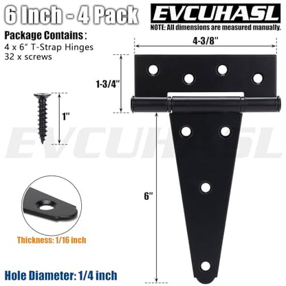 6 Inch T-Strap Gate Hinges, Shed Barn Door Hinges Heavy Duty, Black Tee Hinges for Wooden Fences, Yard Gate, Wrought Hardware Iron Rustproof (4 Pack/Set) - size: 6 Inch
