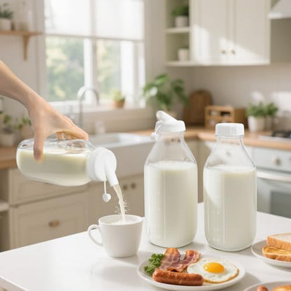 Bekith 6 Pack Liter Glass Milk Bottles with Airtight Screw Lid, 32 Oz Reusable Glass Bottles with Dispenser Cap for Milk, Honey, Jam, Syrup (2 Pour Spout Lids, 2 Lables and 2 Bottle Brushes Included)