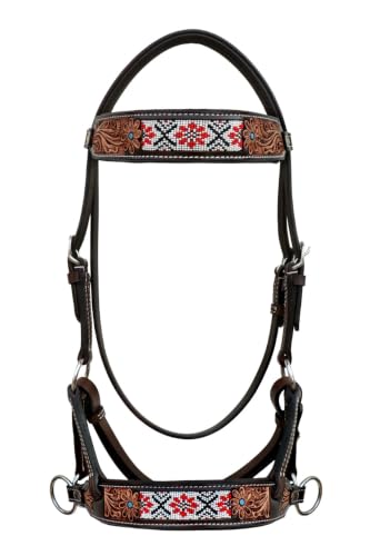 Horse Western Tan Leather Padded Bitless Training Sidepull Bridle Reins - color: Floral Beaded White