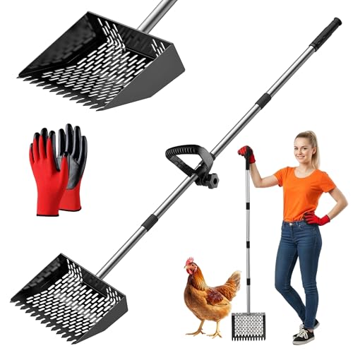 Chicken Poop Scooper & Rake 2-in-1,Metal Coop Shovel 10 inches Sand Sifting Shovel, Chicken Coop Scooper, Adjustable Stainless Steel Handle (35" to 62"), Cleaning Tools for Chicken Coops