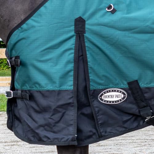Country Pride Cascade Rainsheet for Horses, Waterproof 600D Turnout, Adjustable Double Buckle Front, Bias Surcingle, Removable Elastic Leg Straps, Shoulder Gussets, Tail Cover, Hunter Green/Black (76) - size: 76