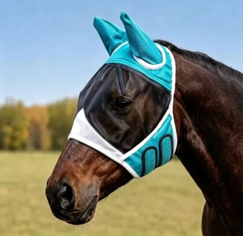 Horse Fly Mask, Breathable Large Eye Space with Ears for Summer Use | Ergonomic design ensures horse comfort. Insect-proof mesh brings clear vision and stable fit with soft thick anti-rub edging - color: Turquoise, size: Large