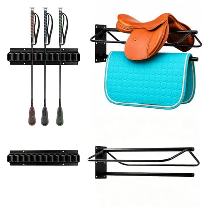 2 PCS Saddle Racks and 2 PCS Horse Whip Crop Holder Rack Wall Mounted for English Western Saddles Horses Blanket Whip,Horse Tack Storage Set for Horse tack Storage,tack Room,Stable,barn,Garage