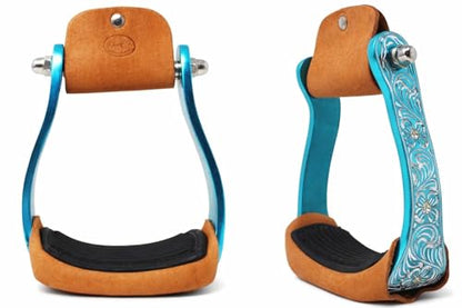 CHALLENGER Horse Western Black Engraved Rhinestone Barrel Racing Aluminum Show Stirrups 51179v - color: Turquoise, size: 4-3/4" Width, 4-3/4" Height