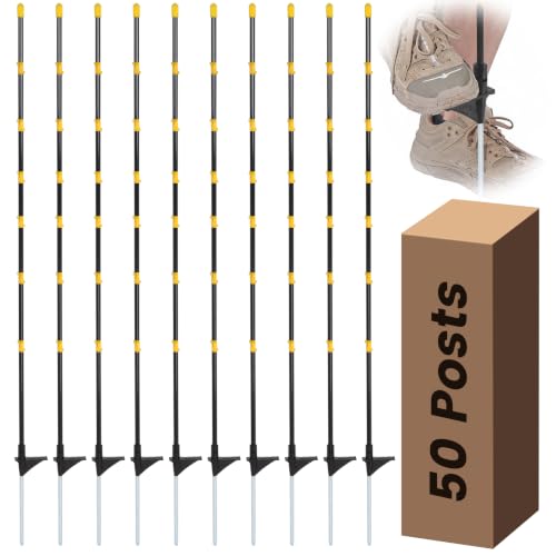 50 PCS Electric Fence Posts, 3/8" x 57" Step in Fence Post, Black | 7 Wire Clips, Metal Ground Spikes, Easy Step-in Fiberglass Fence Posts for Temporary Electric Fencing, Farm Livestock, Garden - size: 57Inch-50PCS