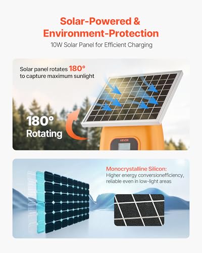 VEVOR Solar Fence Charger, 1J 10 kV Solar Powered Fence Charger, 1.86 Miles Range, Electric Fence Energizer Kit, Keep Out Predators, 3 Days Runtime, for Livestock, Poultry, Garden Protection - size: 1J