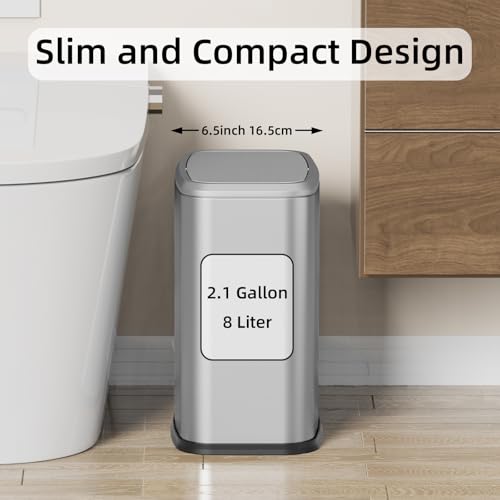 8L/2.1 Gal Small Bathroom Trash Can with Lid, Swing-Top Rectangular Waste Bin, Stainless Steel Garbage Can for Home, Office, Toilet, Bedroom, Living Room (Silver) - color: Silver