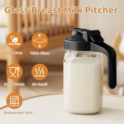 32 oz Breast Milk Pitcher, Glass Mason Jar Pitcher with Lid - color: Black, size: 32 Ounces