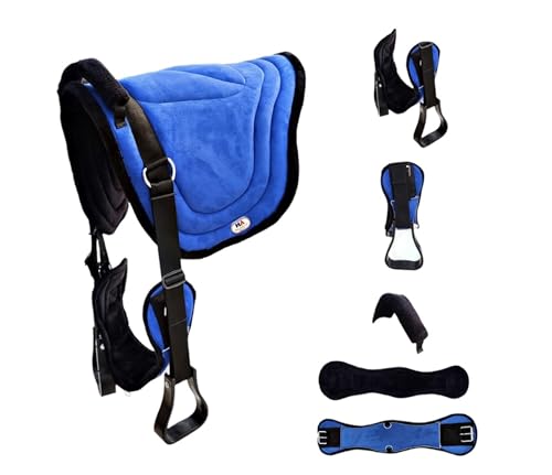 Majestic Ally Padded Suede Leather Bareback Pad Horse Riding Pad with Non Slip Breathable Girth & Stirrups - color: Royal Blue