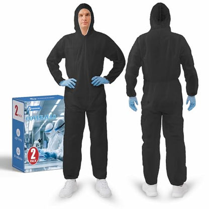 Hazmat Suits,10 Colors Options Disposable Protective Coveralls, Paint Suit with Elastic Wrists Ankles and Hood - color: 2 Pack Black, size: Large