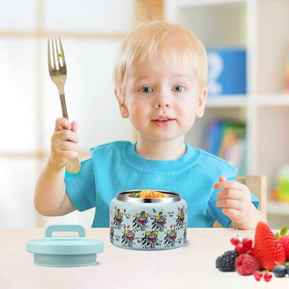 PIQUEBAR 8oz Kids Thermo for Hot Food,Small Lunch Thermo Food Container Stainless Steel,Easy Open Wide Mouth Thermo for Hot Cold Food for Preschool Travel - color: Blue Dinosaur