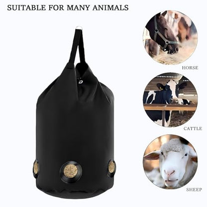 2 Pack Goat Hay Feeder, Slow Feed Hay Bag for Horses, Sheep, Donkey, Cows, Alpacas and Ostriches, Premium Oxford Waterproof Fabric, Circle Leather Reinforced 5 Open Feeding Hole for Resist Biting