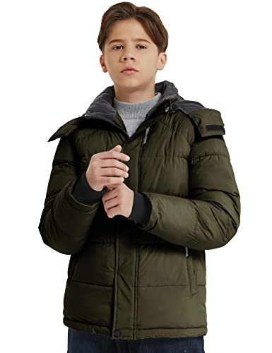 wantdo Boys Puffy Winter Coats Fleece-Lined Snow Jackets Removable Hood | Elastic Cuffs, Hook-and-Loop Collar, Windproof, Machine Washable - color: Army Green, size: 6-7