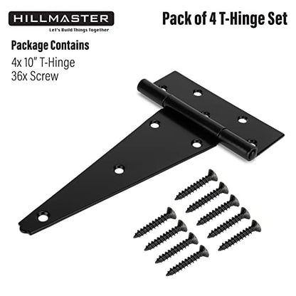 HILLMASTER 10 Inch T-Strap Heavy Duty Shed Door Hinges Gate Strap Hinges Black Tee Hinge Wrought Hardware for Wooden Fences,Yard,Barn Door,Rustproof (4 Pack) - size: 10in 4Pack