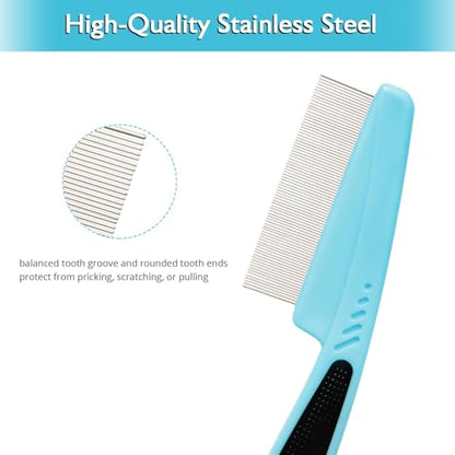 Flea Comb for Dogs and Cats - Lice Comb with Rubber Handle - Promotes Hair Growth and Removes Loose Hair, Knots, and Flakes Flea Brush for Pets (Blue) - color: Blue