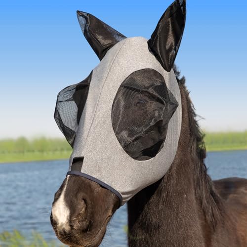 Stretchy Gray Menjo Outdoors Horse Fly Mask with Ears, UV Protection for Horses, Breathable Comfortable Fly Mask Suitable for Quarter Horses, Warmbloods, Draft Horses, Thoroughbreds, 15-17 Hands - color: Grey