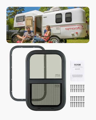 VEVOR Vertical RV Window, 14" W x 22" H, Black Tinted Sliding Window with Net Screen & Trim Ring, Fits 15/16" - 1 3/4" Thickness Wall, DOT Approved for RVs, Trailers, Campers, and Cargo Trailers - size: 14x22in, style: Vertical
