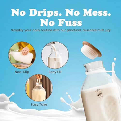 Almond Cow - Glass Pitcher with Lid and Spout, Glass Bottle Milk Container for Refrigerator, Clear Milk Jar Bottles, Food-Grade Liquid Container - 60 fl oz Capacity, 5 x 4 x 10 Inches - size: Glass Pitcher - 60 fl oz (Pack of 1)
