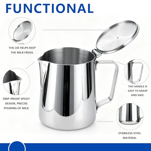 Stainless Steel Milk Frothing Pitcher with Lid 350ml, Coffee Frother Cup for Espresso Cappuccino Latte Hot Chocolate, Dripless Pour Spout Ergonomic Handle for Home Office Cafe Kitchen