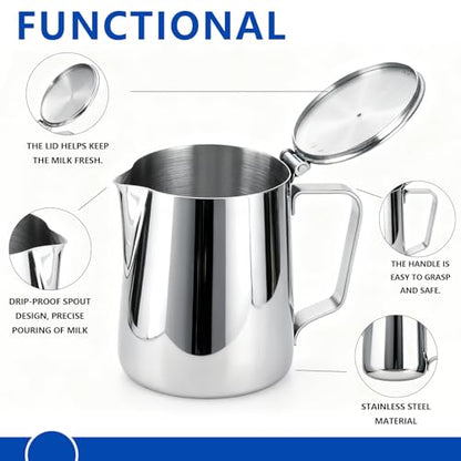Stainless Steel Milk Frothing Pitcher with Lid 350ml, Coffee Frother Cup for Espresso Cappuccino Latte Hot Chocolate, Dripless Pour Spout Ergonomic Handle for Home Office Cafe Kitchen