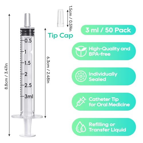 JOLLY PARTY 50Pack 3ml Syringes with Caps 3cc Small Oral Syringe Needleless - style: 3ml