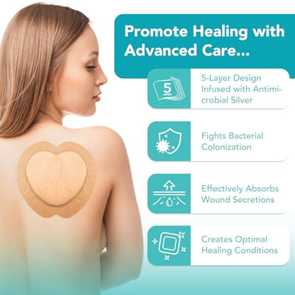 Silicone Foam Dressing Ag Sterile Wound Bandage with 7.08"x7.08" Waterproof Gentle Silicone Adhesive Border, Breathable Ultra Absorbent Pads (Pack of 5) - size: 7.08x7.08 Inch (Pack of 5)