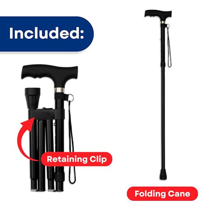 RMS Folding Cane, Adjustable, Lightweight Offset Walking Cane | Aluminum Collapsible Walking Stick with Ergonomic Derby Handle, cane folds for travel and storage - color: Black