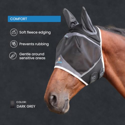 Shires FlyGuard Pro Air Motion Fly Mask with Ears – Pony Size | Lightweight Breathable Air Motion Fabric for Superior Comfort | Protects Against Flies & Insects | Secure Fit | Dark Grey - size: Pony