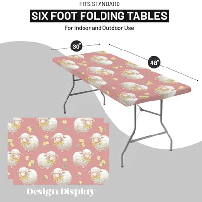 Rectangle Table Cloth,Pink Small Sheep Elastic Fitted Tablecloths 48x30 Inch,Waterproof Windproof Washable Polyester Table Cover for Picnic, Camping, Outdoor
