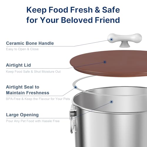 Paw Libero 25 Lbs Stainless Steel Dog Food Storage Container with Airtight Lid & Ceramic Bone Handle, Large Metal Dog Food Bin for Dogs & Cats, Keep Fresh, Easy to Clean - size: 25 lbs