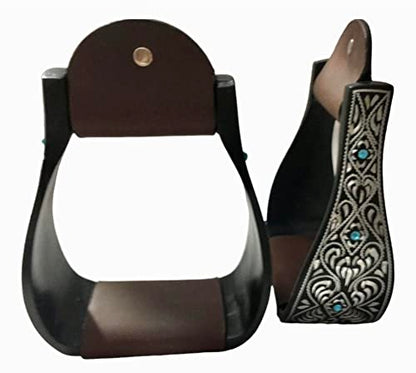Majestic Ally Western Horse Aluminum Black Engraved Stirrups- Adults - style: Silver Black with Crystal