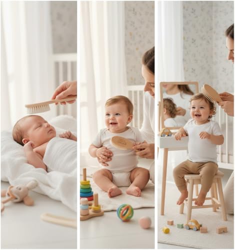 Little Tinkers World Wooden Baby Hair Brush and Comb Set, 4-Piece | Natural Wooden Set with Soft Goat Hair Bristle Brush, Beech Wood Massage Brush, Maple Wood Comb & Soft Silicone Scalp Brush