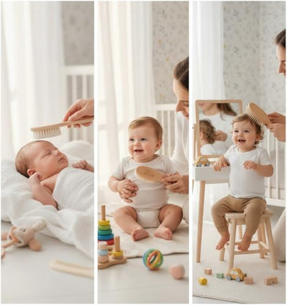 Little Tinkers World Wooden Baby Hair Brush and Comb Set, 4-Piece | Natural Wooden Set with Soft Goat Hair Bristle Brush, Beech Wood Massage Brush, Maple Wood Comb & Soft Silicone Scalp Brush