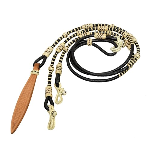 CALYX Natural & Black Knots Raw Hide Leather Horse Tack Hand-Braided Romal Romel Reins Ranch Rope/Rope Reins-8.5 Ft Rein, 52' Romel - color: Black Rope and Natural Knots