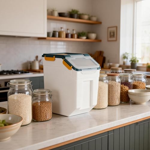 RUIAN Large Airtight Storage Container,25lb Flour Rice Storage Containers Bin with Wheels Seal Locking Lid, with Measuring Cup&Scoop for Flour, Rice, Grain (25lbt Blue,4PCS) - color: Blue 4Pack 25Lb