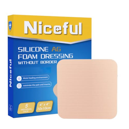 Niceful Silver Silicone Foam Dressing 4"x4" 5 Count for Sensitive Skin | Silver-Infused Foam Dressing, Borderless Customizable, Waterproof, Moderate-Heavy Exudate, Supports Wound Healing - size: Silver 4"x4" (5PCS)