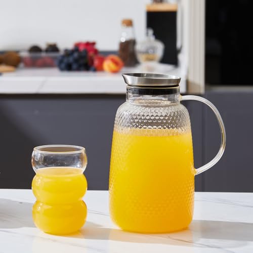 Purefold Pineapple Series 78 Oz Borosilicate Glass Pitcher with Lid (Clear) | Fruit tea, iced tea, coffee, juice jug. Leakproof Stainless Steel lid, dishwasher safe. BPA free borosilicate glass. - size: 78 Ounces