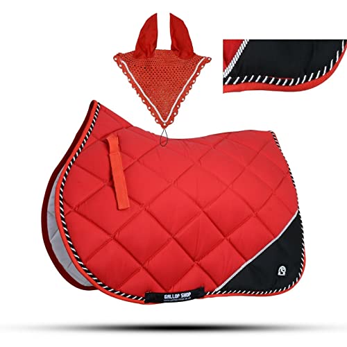 Quilted English Saddle Pad, Matching Ear Bonnet Set Breathable Riding Numnah Shock Absorbing Padding for Jumping, Schooling - color: Electric Lime