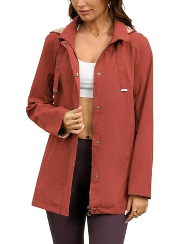 Womens Long Hooded Rain Jacket Waterproof Outdoor Hiking Raincoat Windbreaker Lightweight Trench Coat - color: Brick-red, size: Small
