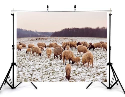 8x6ft Fabric Flock Wool Sheep Backdrop Thin Snow Pasture Leafless Dark Wood Overcast Sky Photography Background Tapestry Party Winter Farm Decorations Photo Booth Props - size: 8x6ft
