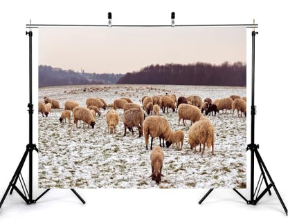 10x8ft Fabric Flock Wool Sheep Backdrop Thin Snow Pasture Leafless Dark Wood Overcast Sky Photography Background Tapestry Party Winter Farm Decorations Photo Booth Props - size: 10x8ft