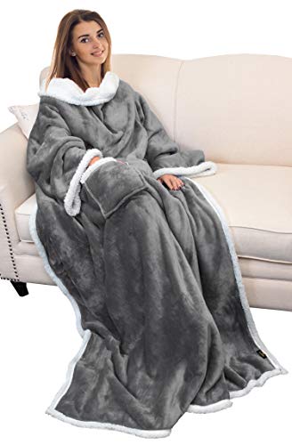 Catalonia Sherpa Wearable Blanket with Sleeves and Pocket for Adults - color: Gray, size: Standard Pocket