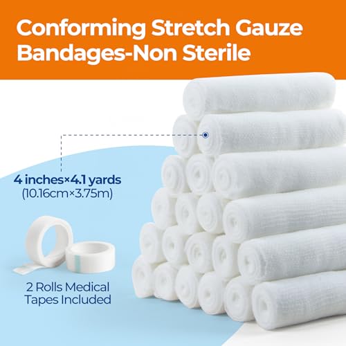 Gauze Rolls Bandages 4in x 4.1yds, 36 Rolls Conforming Stretch Gauze Bandage 4inch, Individually Wrapped Includes Medical Tape - size: 4"x4.1yds(36 Rolls)