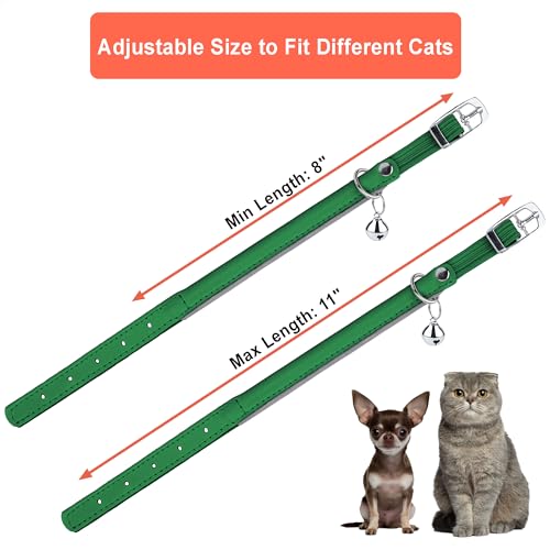 OOPSDOGGY Rolled Leather Cat Collar with Bell, Reflective Kitten Collars with Buckle Include Safety Elastic Strap - Adjustable Small Pet Collars for Boy Girl Cats (Green) - color: Green