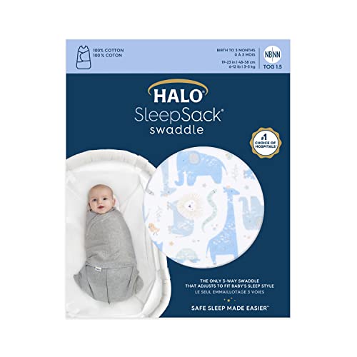 HALO 100% Cotton Sleepsack Swaddle, 3-Way Adjustable Wearable Blanket, TOG 1.5, Blue Safari, Small, 3-6 Months - color: Blue Safari, size: Small (Pack of 1)