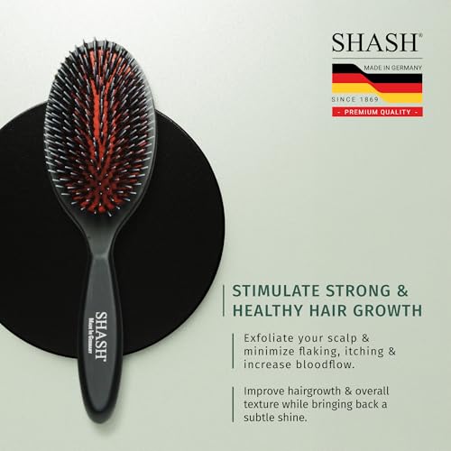 SHASH Since 1869 Hand Made In Germany - Nylon, 100% First Cut Boar Bristle Brush Suitable For Normal to Thick Hair - Gently Detangles, No Pulling or Split Ends - Softens Improves Texture, (Medium) - size: Medium
