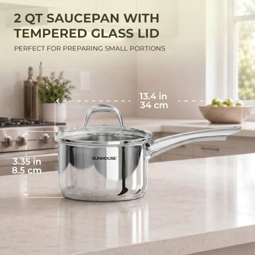 Sunhouse: Stainless Steel Saucepan - Classic: 2 Quart - Tempered Glass Lid, 3-Ply Bottom, Round-Edge Cookware Pot, All Cooktop-Oven-Dishwasher Safe