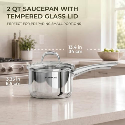 Sunhouse: Stainless Steel Saucepan - Classic: 2 Quart - Tempered Glass Lid, 3-Ply Bottom, Round-Edge Cookware Pot, All Cooktop-Oven-Dishwasher Safe