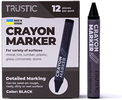 Universal Crayon Wax Marker for Industrial and Craft Detailed Marking on Lumber Metal Carton Ceramics Concrete Glass Plastic Tire 4 x 1/2", Pack of 12 (Black) - color: Black