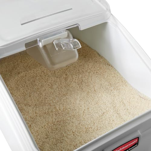 Rubbermaid Commercial Products ProSave Shelf-Storage Ingredient Bin With Scoop, 600-Cup capacity, Plastic, White, Sliding Lid, Container with Wheels for Kitchen/Restaurant Food Organization - size: 600 Cup